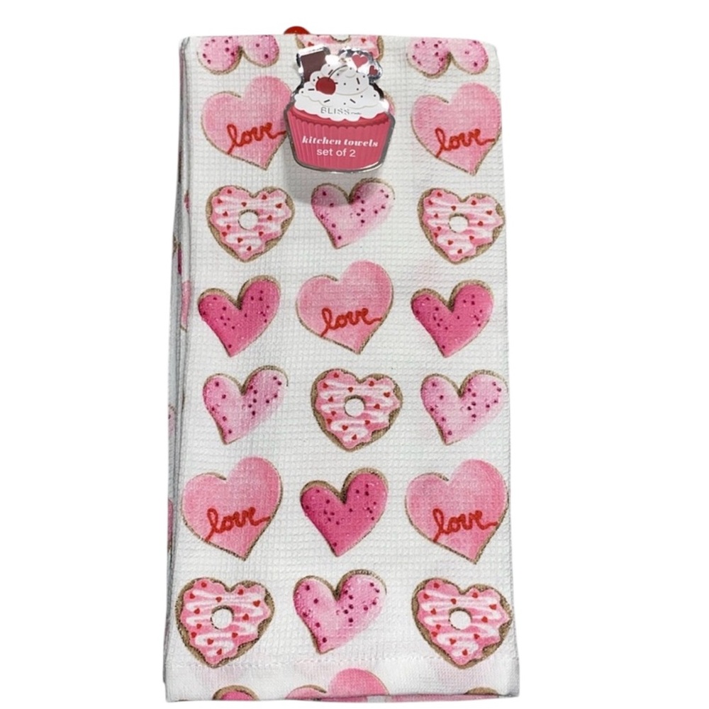 Bliss Set of 2 Kitchen Towels Valentine's Day Pink Hearts Donuts Love Cotton NWT
